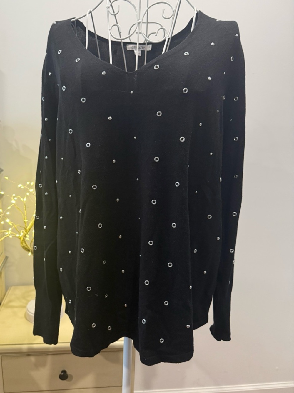 Chico's Black V‑Neck Sweater with Silver Stud Details